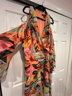 Ashley Stewart Multicolor Asymmetrical Wrap Dress — Coral, Pink, Yellow, Teal
